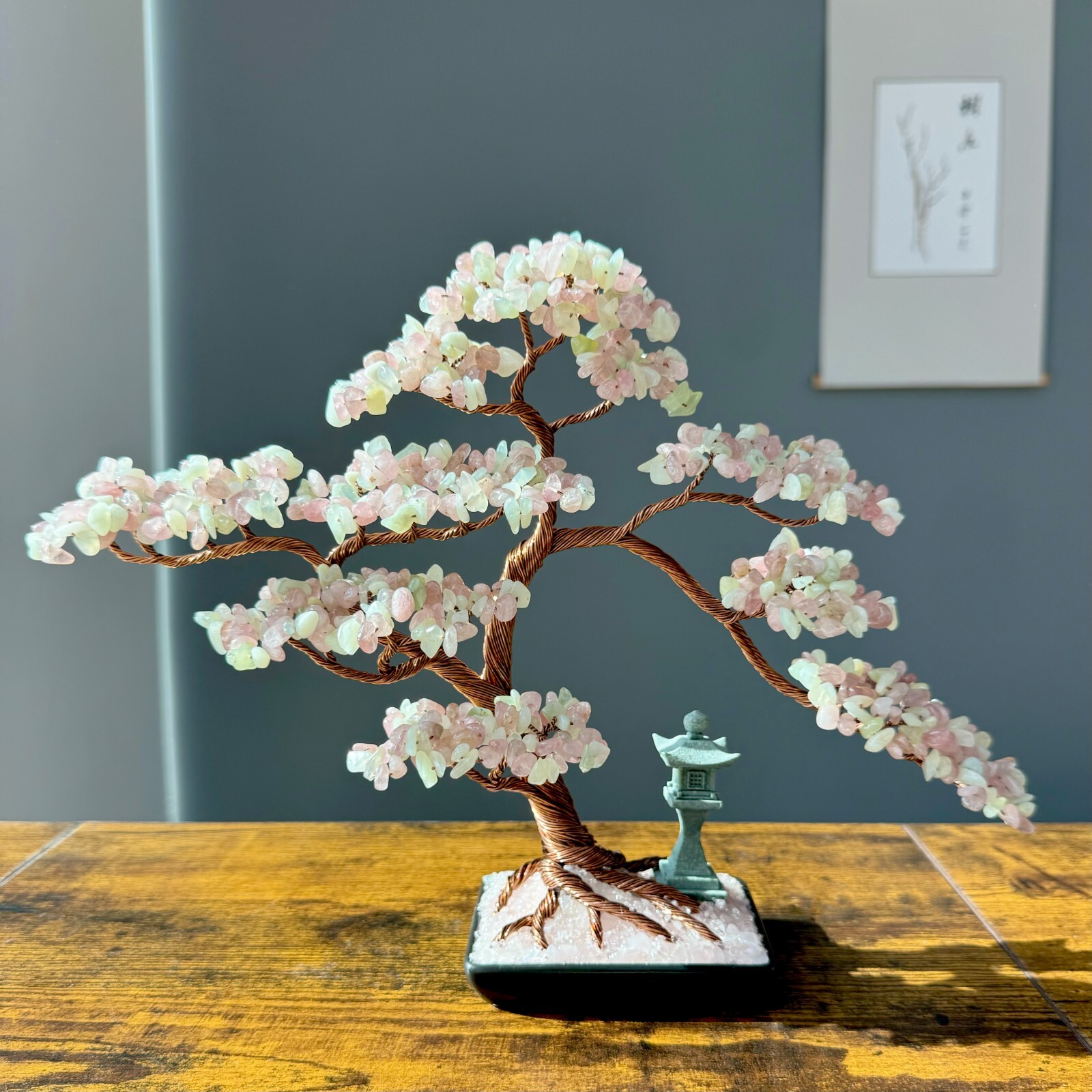 Large Madagascar Rose Quartz-Jade Pagoda Crystal Bonsai tree Stone of Love Tree