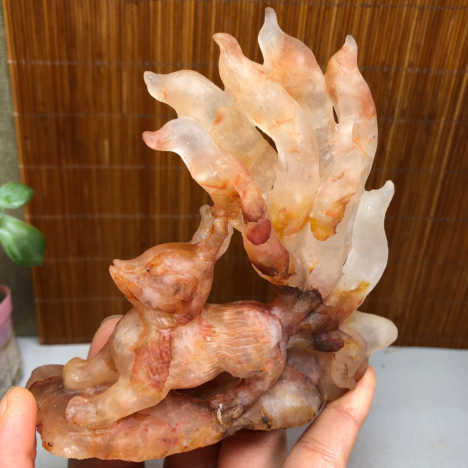 Natural Red gum flower Crystal carved Nine Tailed Fox rough specimens 189g A1801