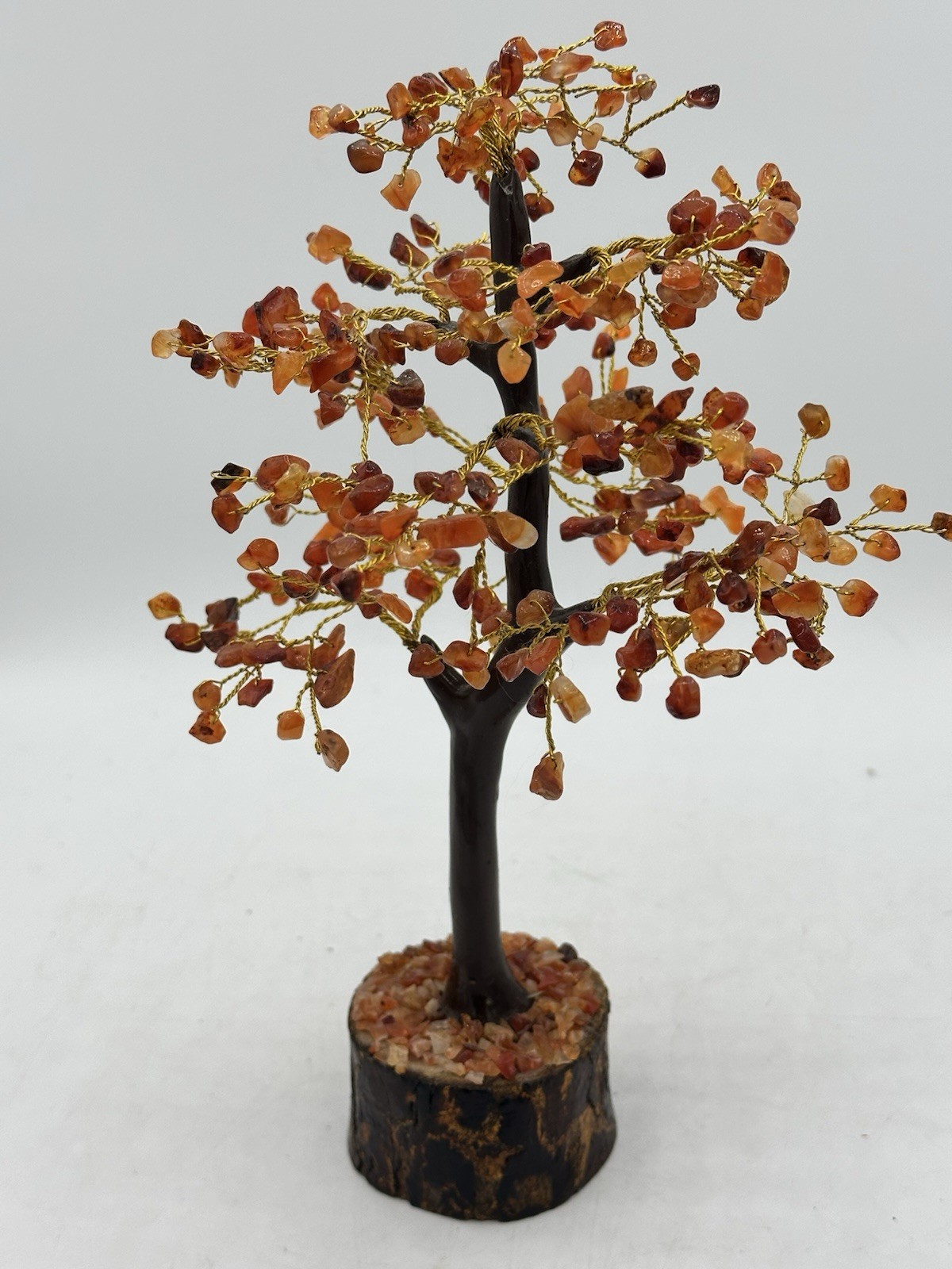 Handmade Orange Carnelian Crystal Gemstone Tree Wooden Base, Healing stone 9.5″