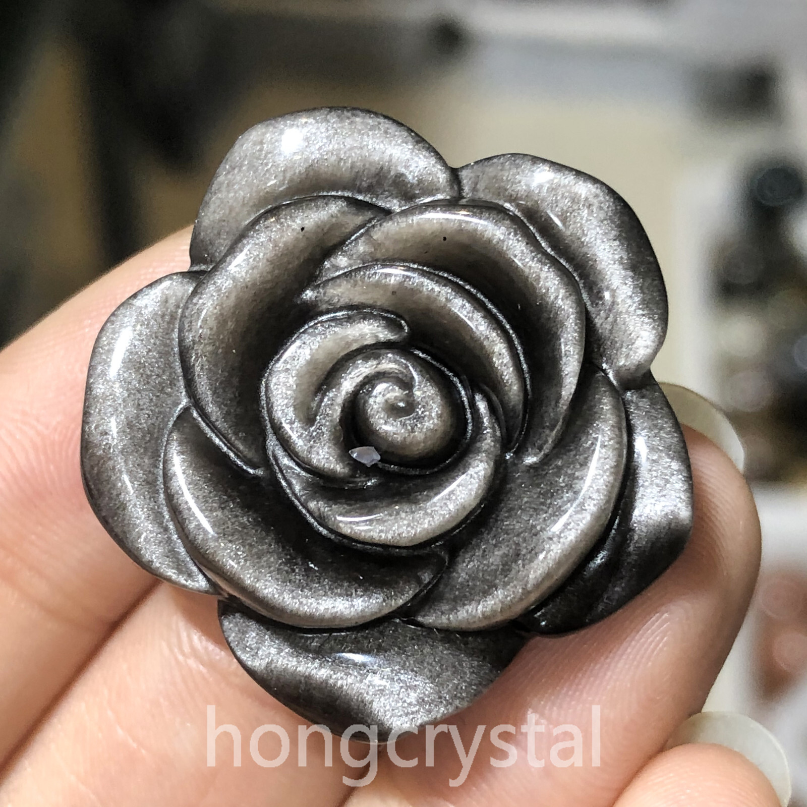 1PC Natural Silver obsidian Quartz Crystal Carved Flower Skull Reiki Healinggift