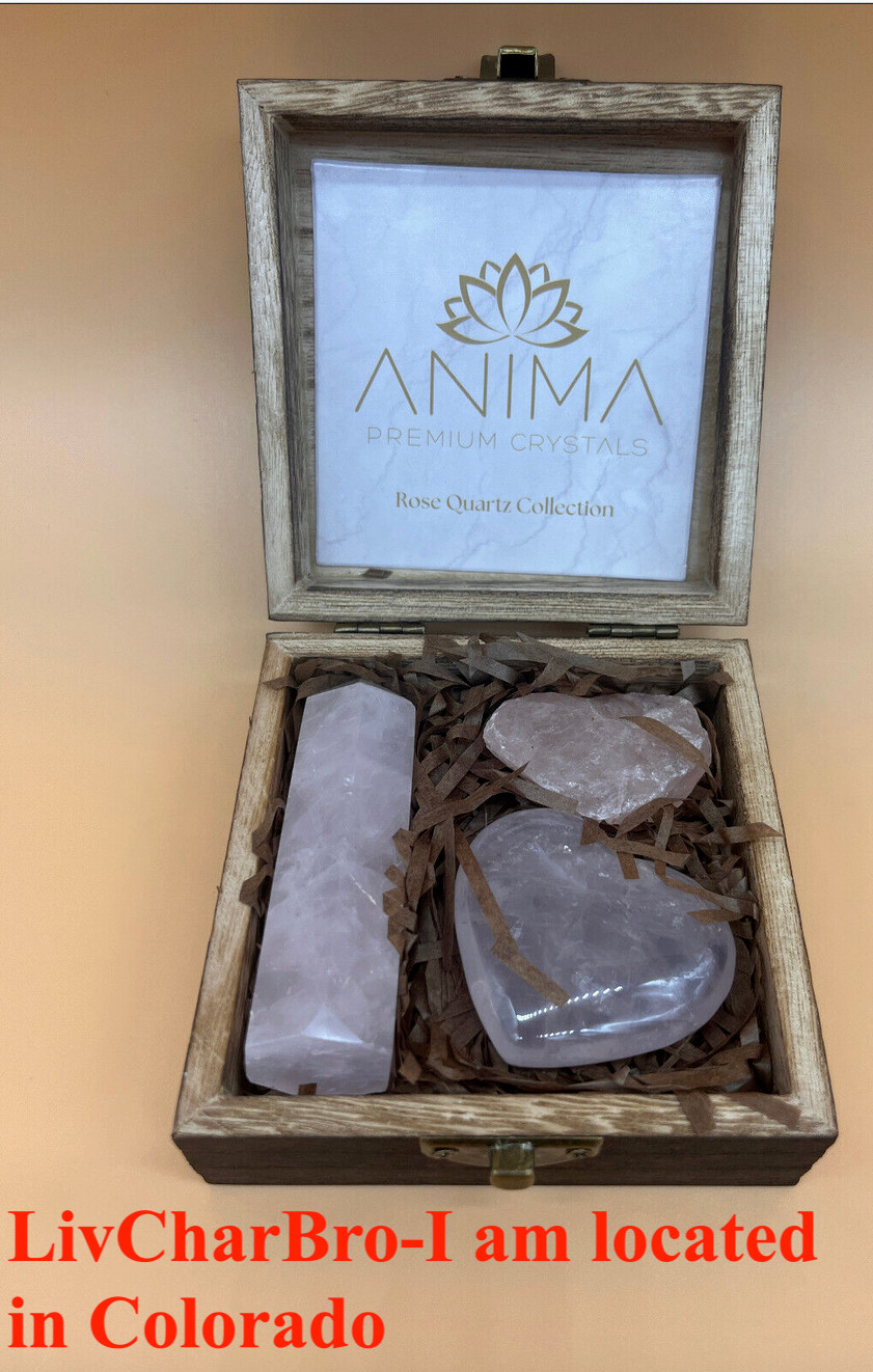 3 Pc Rose Quartz Crystal Tower Heart Raw Crystal Wood Gift Box Set Healing Stone