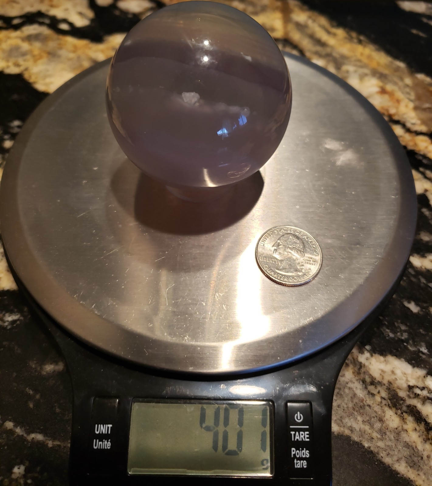 2.45″ Yttrium Lavender Fluorite Sphere Enhydro Sphere Orb Ball UV, 401g or 14 oz
