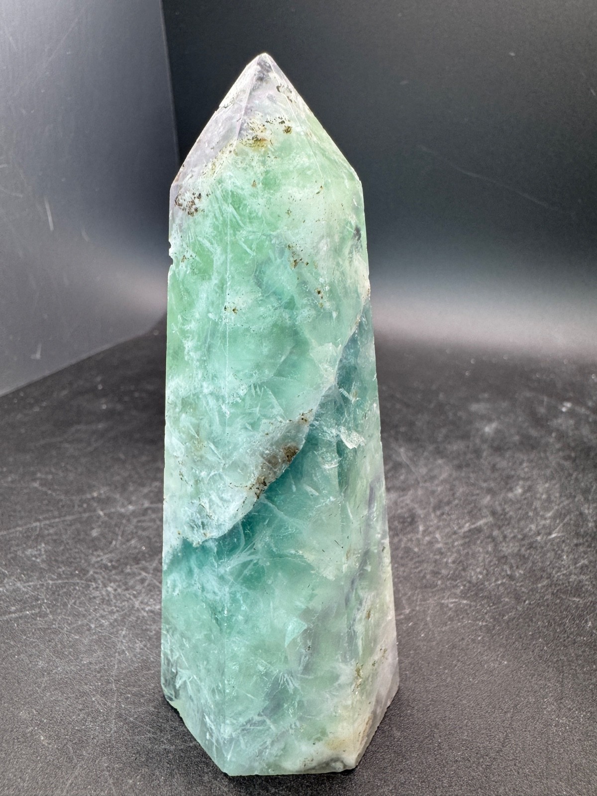 6530 Green and Purple Rainbow Fluorite Tower with Feather 250g