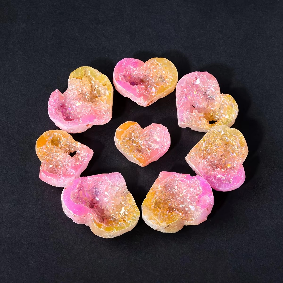 Titanium Aura Yellow Pink Cluster Heart Crystal Geode Healing Decor Reiki Gift