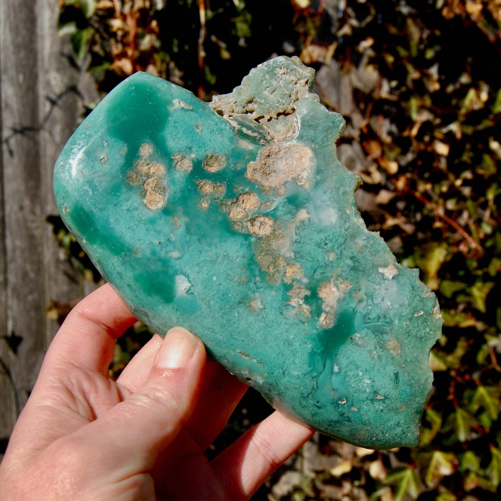 6.75in 436g XL Mtorolite Chrome Chalcedony Crystal Slice, Zimbabwe mtl6