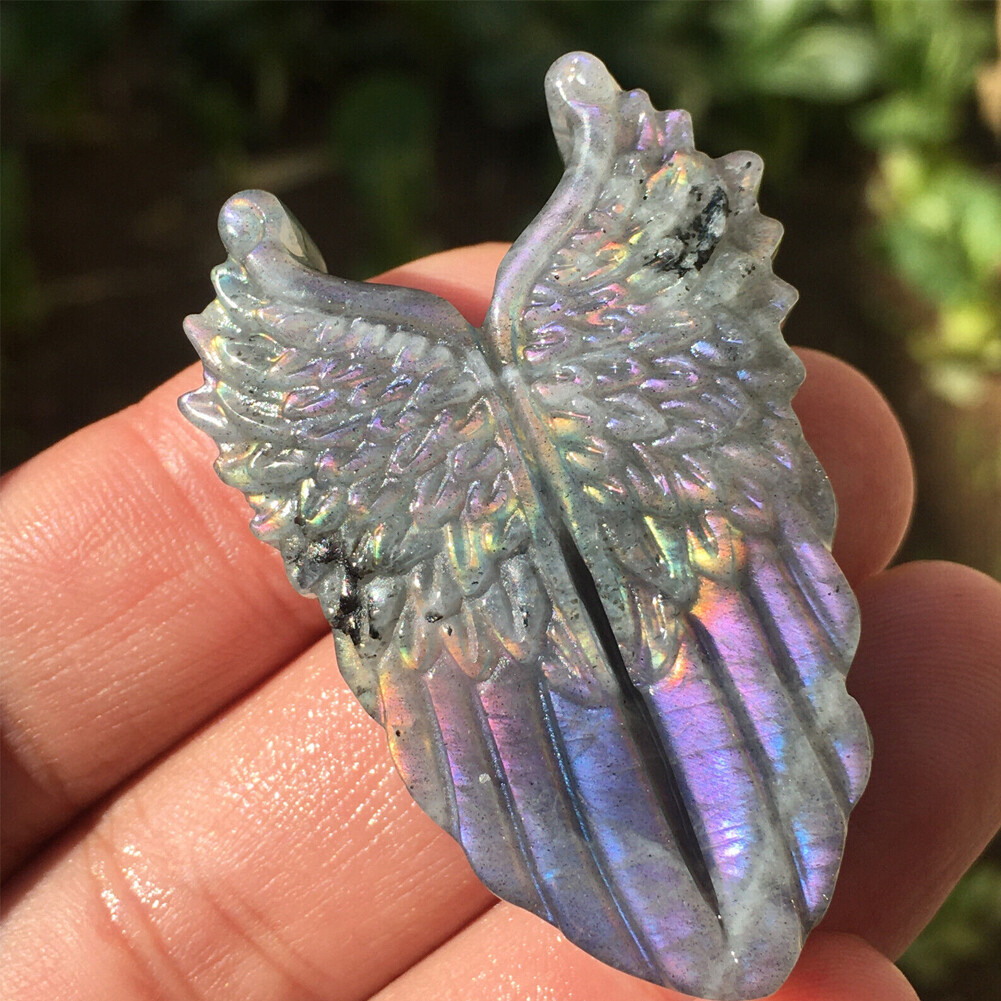 1PCS Natural Purple Labradorite Quartz Hand carved Wing Crystal Reiki healing##