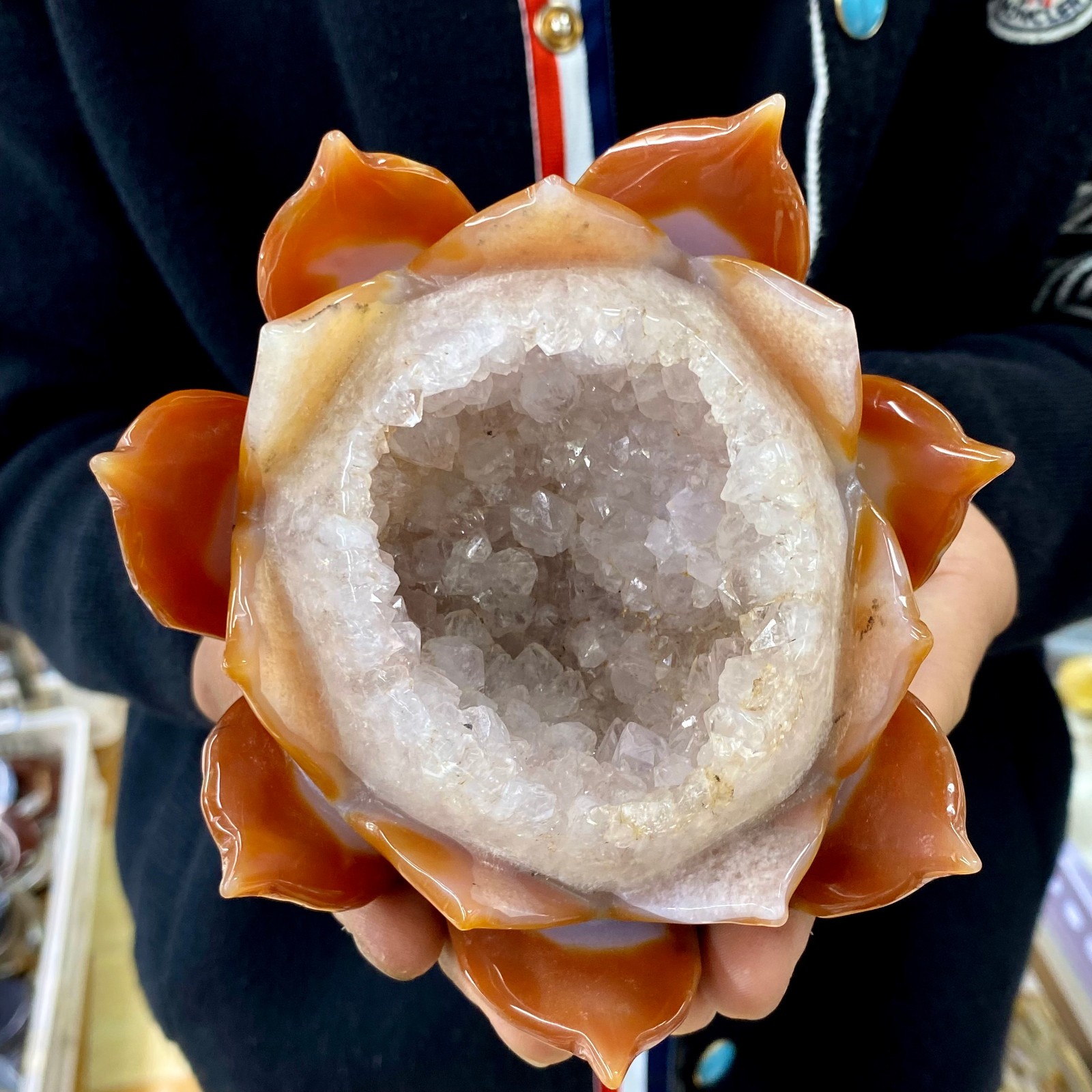 1.96LB Natural Agate Geode Carved Lotus Flower, Hand Carved Healing Crystal Home