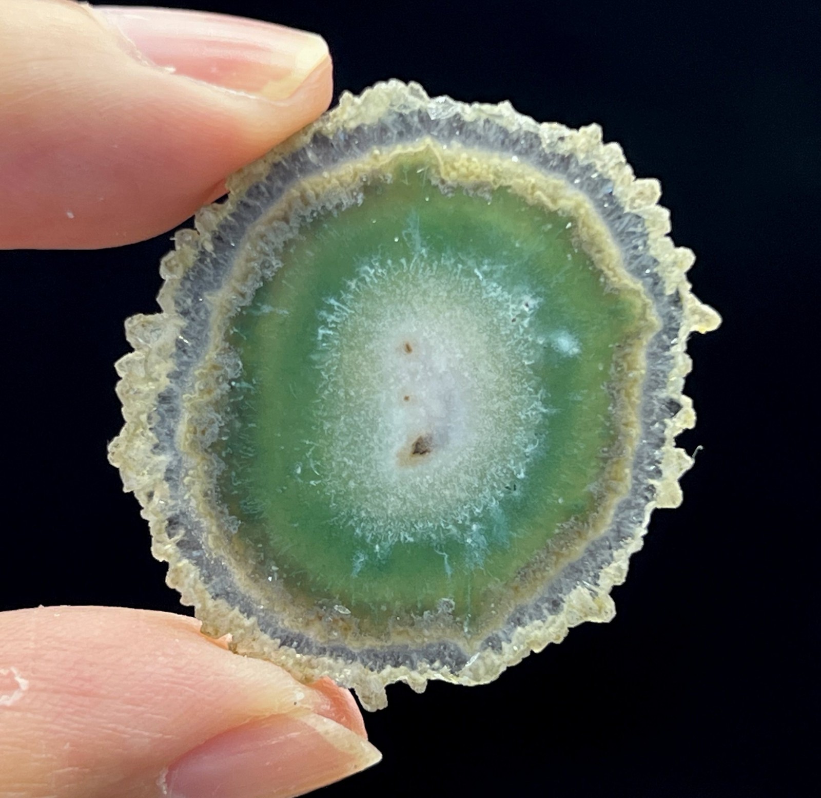 33mm Beautiful Pattern Amethyst stalactite slice, both sides good
