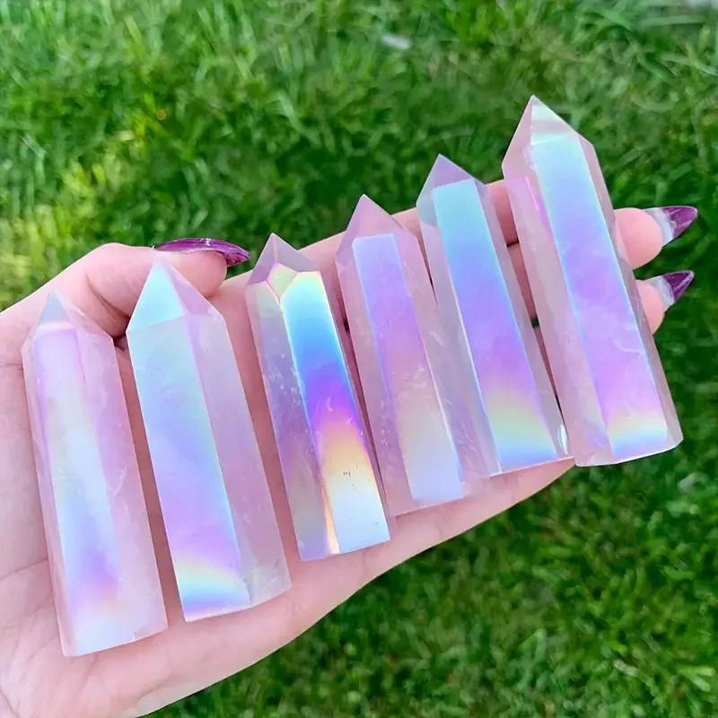 Rainbow Rose Quartz Tower Angel Aura Rose Quartz Crystal Points Wand Obelisk