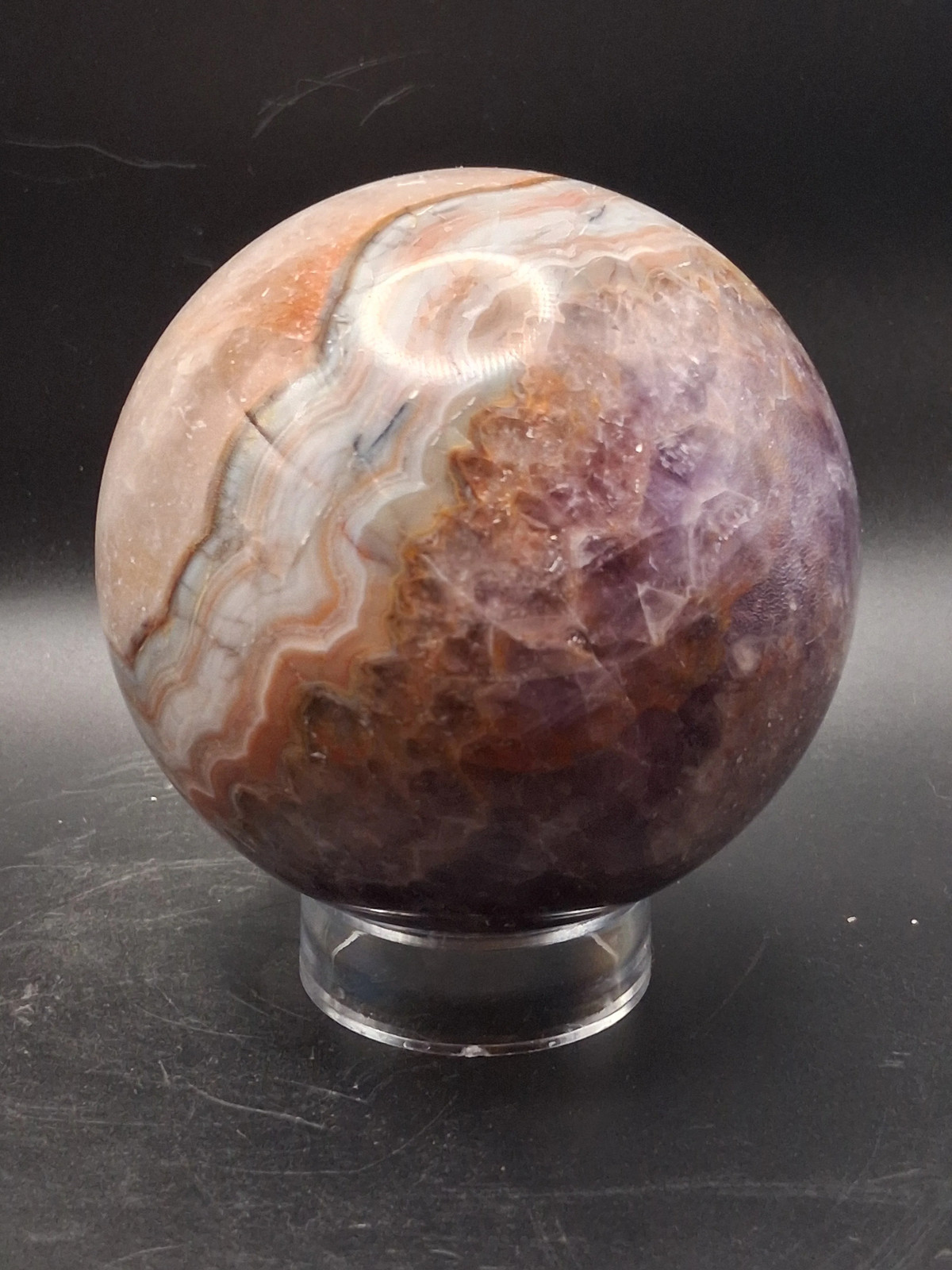 Large amethyst lace agate sphere! 89.6mm, 3.5″, 2.3 pounds