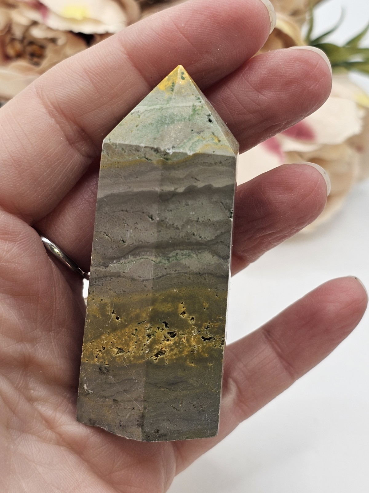 Bumblebee Jasper crystal Tower Point 78g 6.6cm yellow Grey Upliftment