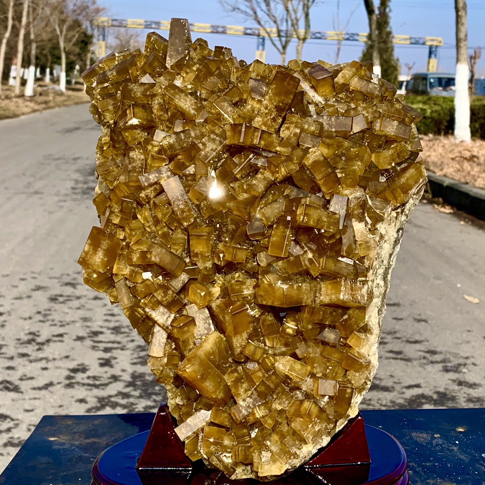 16.14LBShiny Golden Cuboid Barite Crystal Based on the Purple Spherical Fluorite