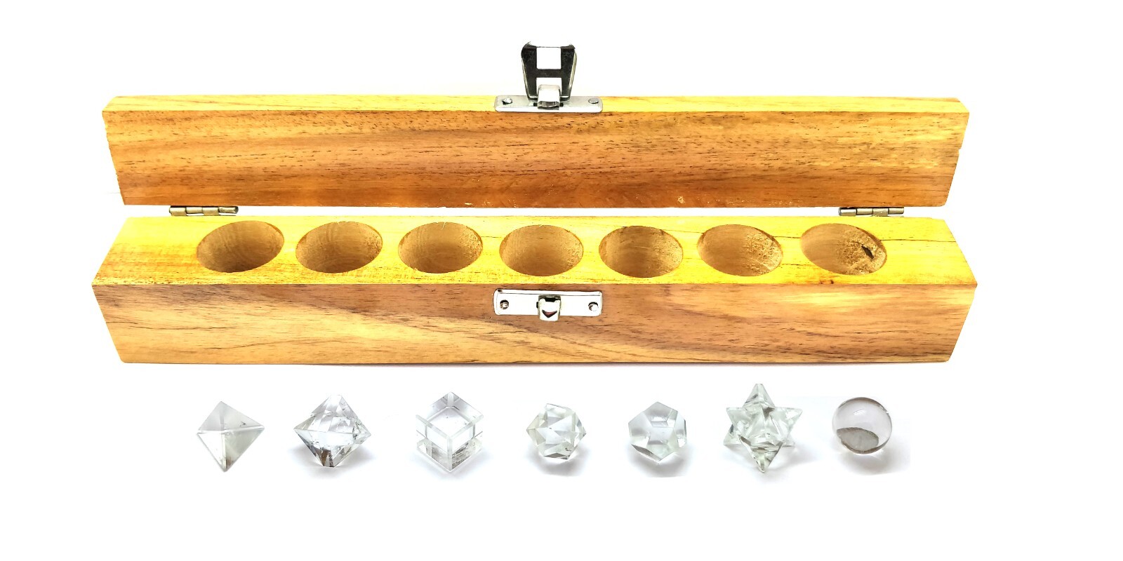 Crystal Quartz Geometry 7 Pcs Platonic Solid Set In Wooden Box Healing Crystals