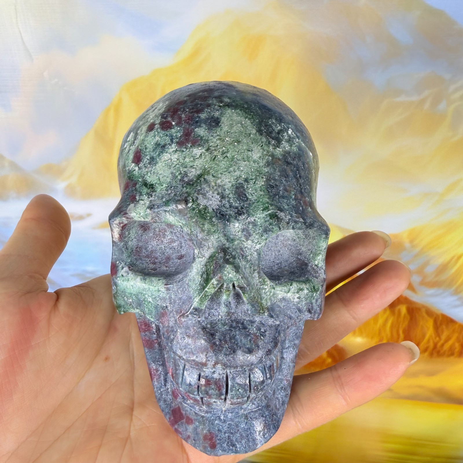 1016g Natural Ruby Sapphire Emerald Crystal Skull Mineral Healing