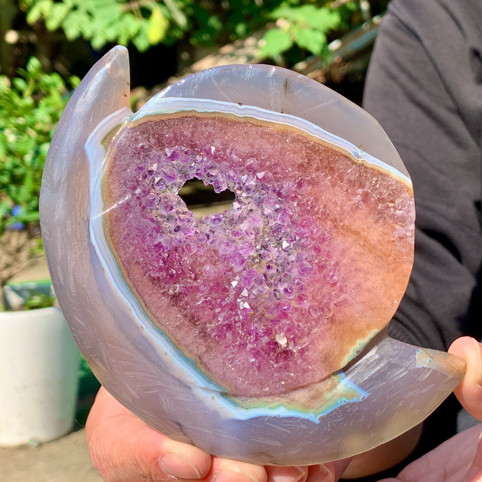 217G Natural agate Amethyst Handcarved Sun Moon Symbiosis crystal specimen