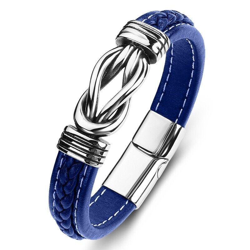 Men’s Leather Braided Silver Bracelet Wristband Stainless Steel Wrist Bangle