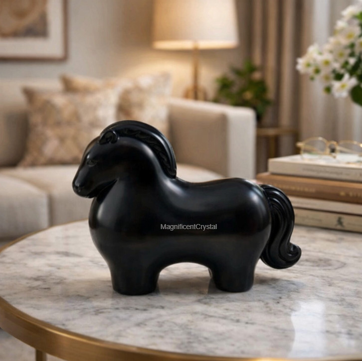 Black Obsidian Horse Carving Protection Crystal Animal Statue Grounding Stone