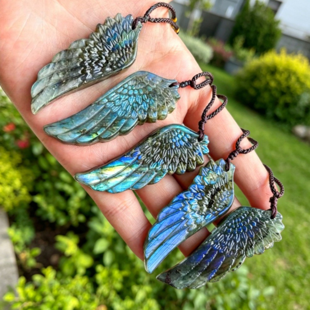 Natural Labradorite Angel Wings Pendant Necklace Carved Crystal Healing Gift1pcs