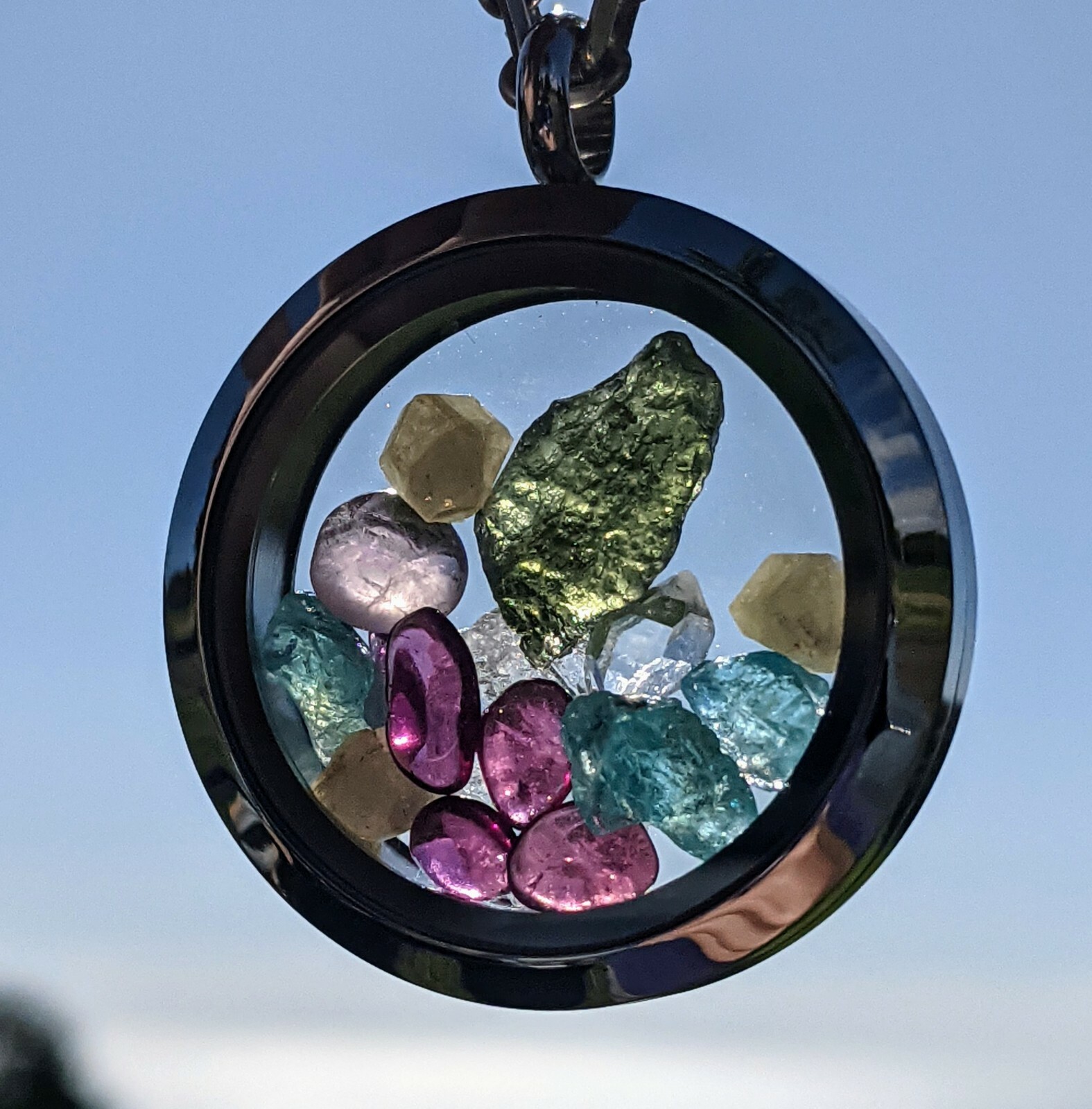 Moldavite Pendant / Phenacite / Herkimer Diamond / Auralite 23 Locket Necklace