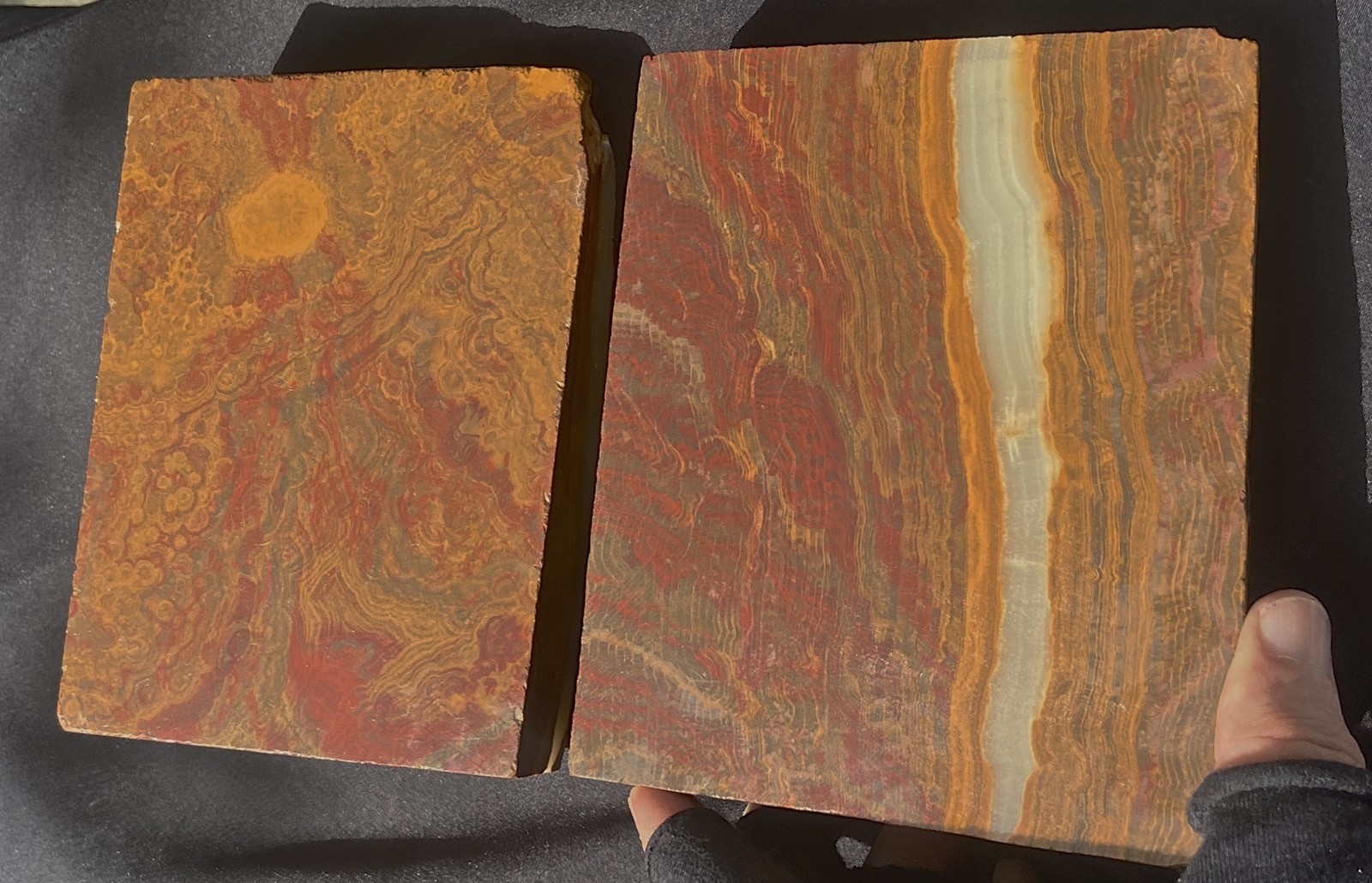 Orbicular Onyx Travertine & Red Ribbons Thick Slabed Pair 2.11 Kilos 4.66 Lbs