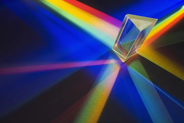 PRISM, COATED GLASS, RADIANT COLORS OF THE LIGHT SPECTRUM SHIMMERING BURSTS