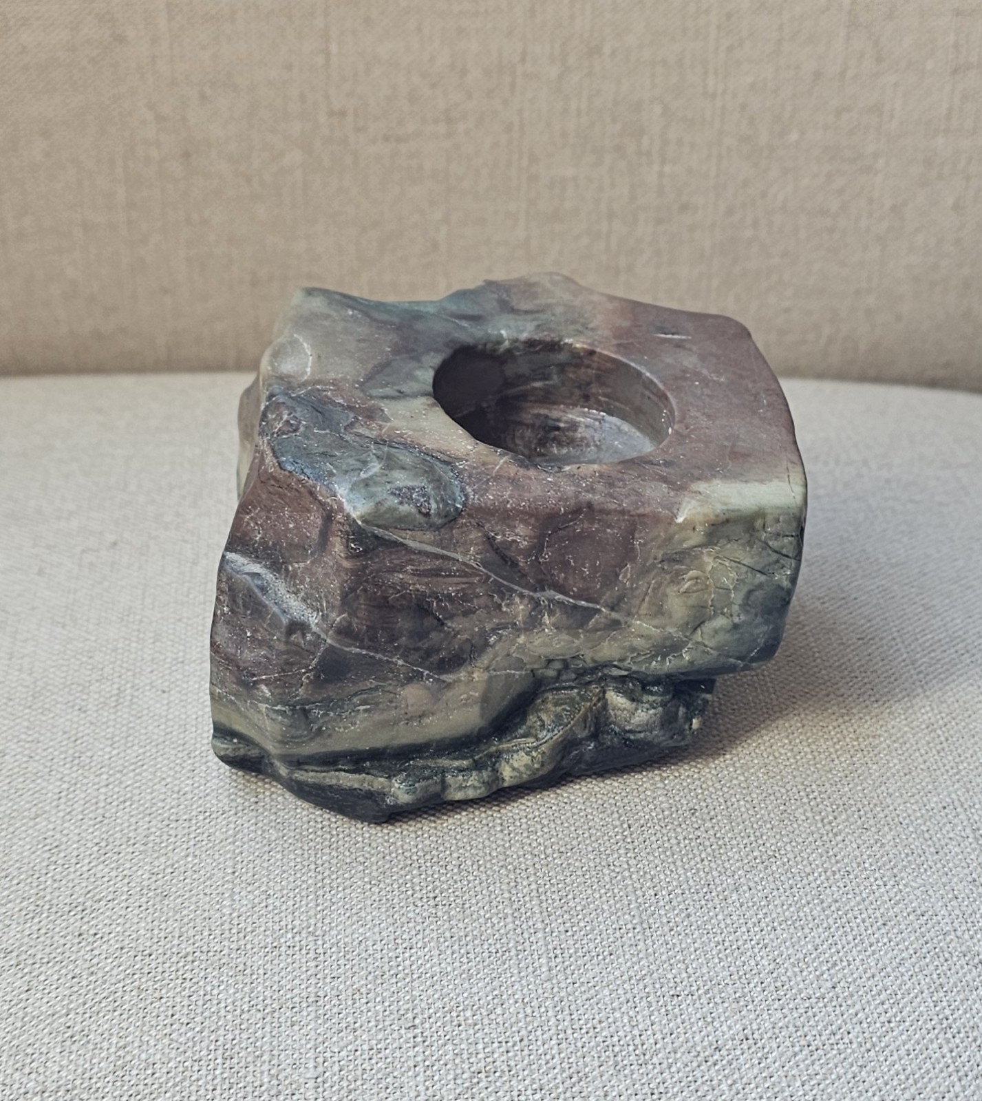 Natural Stone Tealight Candle Holder, Green, Brown