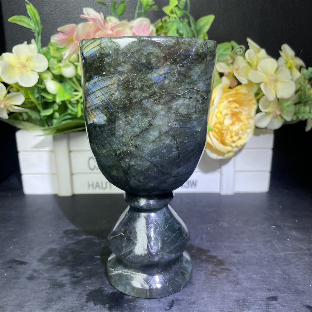 1.8LB 5.9″ Natural A+++Blue Flash Cup Carved Crystal Quartz Reiki Decor Reiki