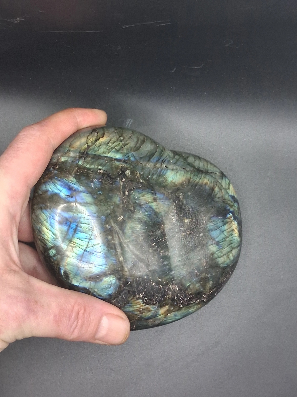 Large labradorite heart! 2.3 pounds, 5 by 5 inches