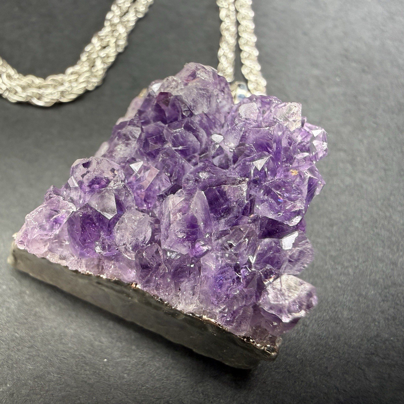 Natural Amethyst Stone Cluster Pendant w/ Chain 24.5” Necklace