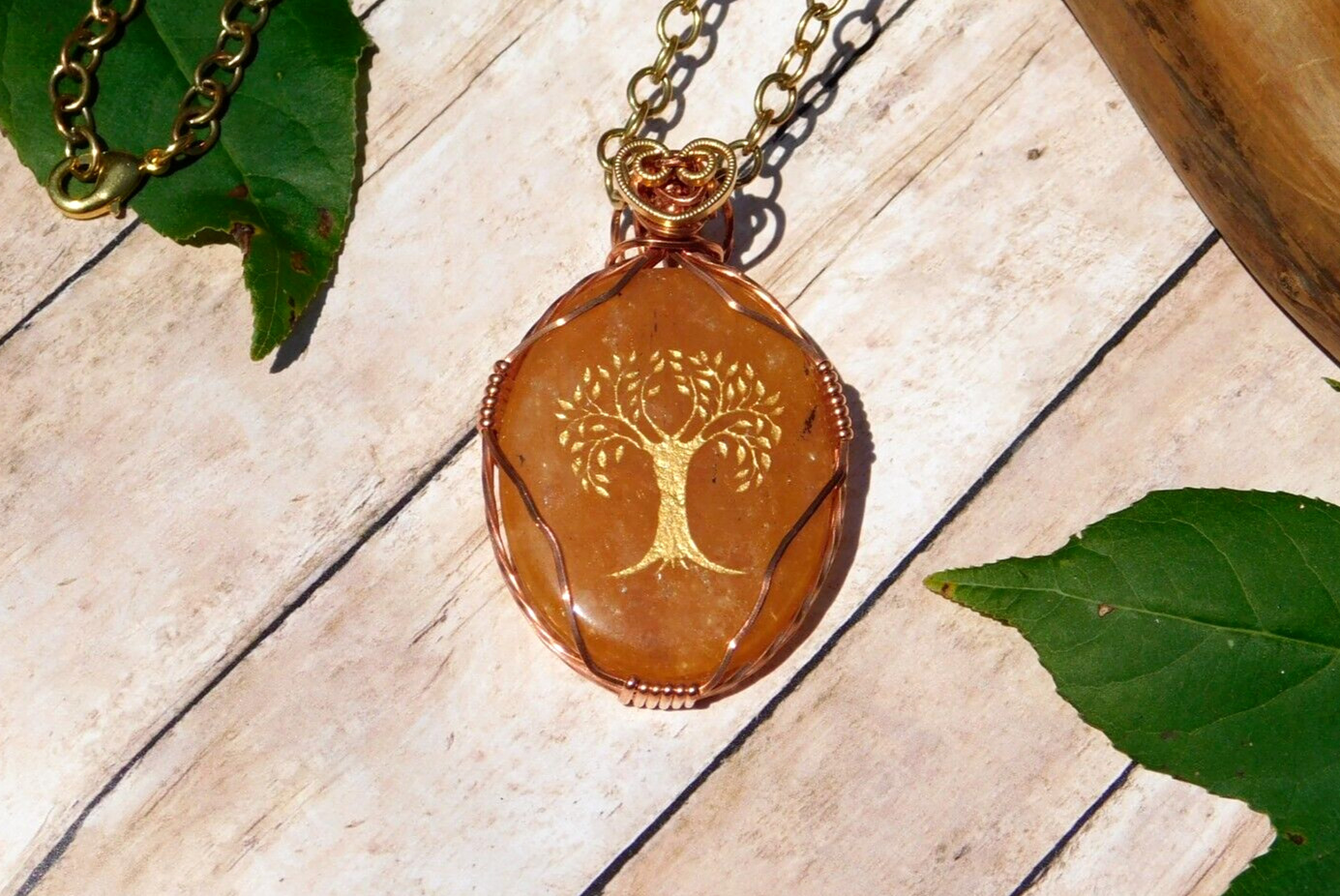 Orange Aventurine Natural Pendant Necklace Tree of Life Amulet Energy Healing