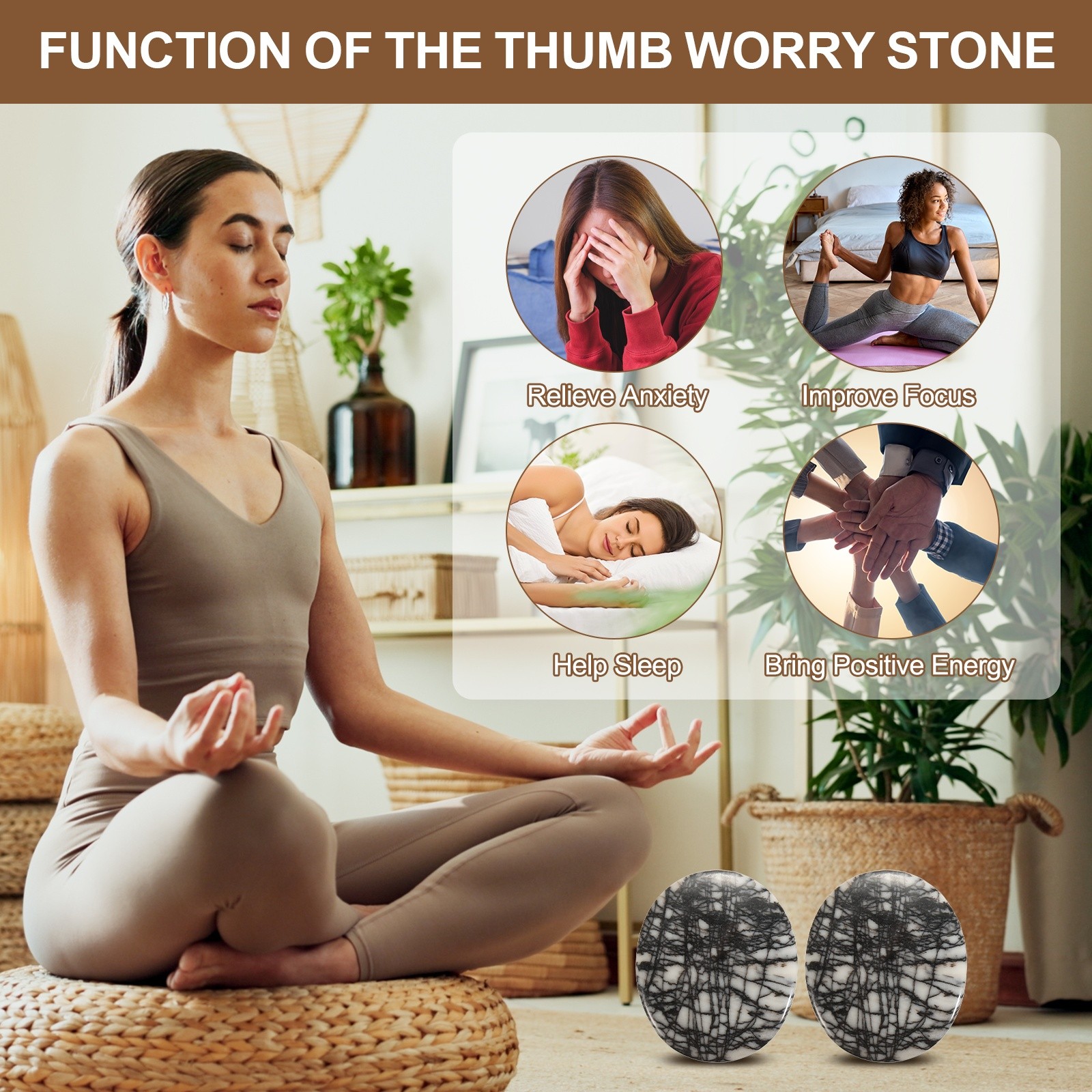 2Pcs, Thumb Worry Stone for Anxiety Pocket Palm Stone Black Net Stone