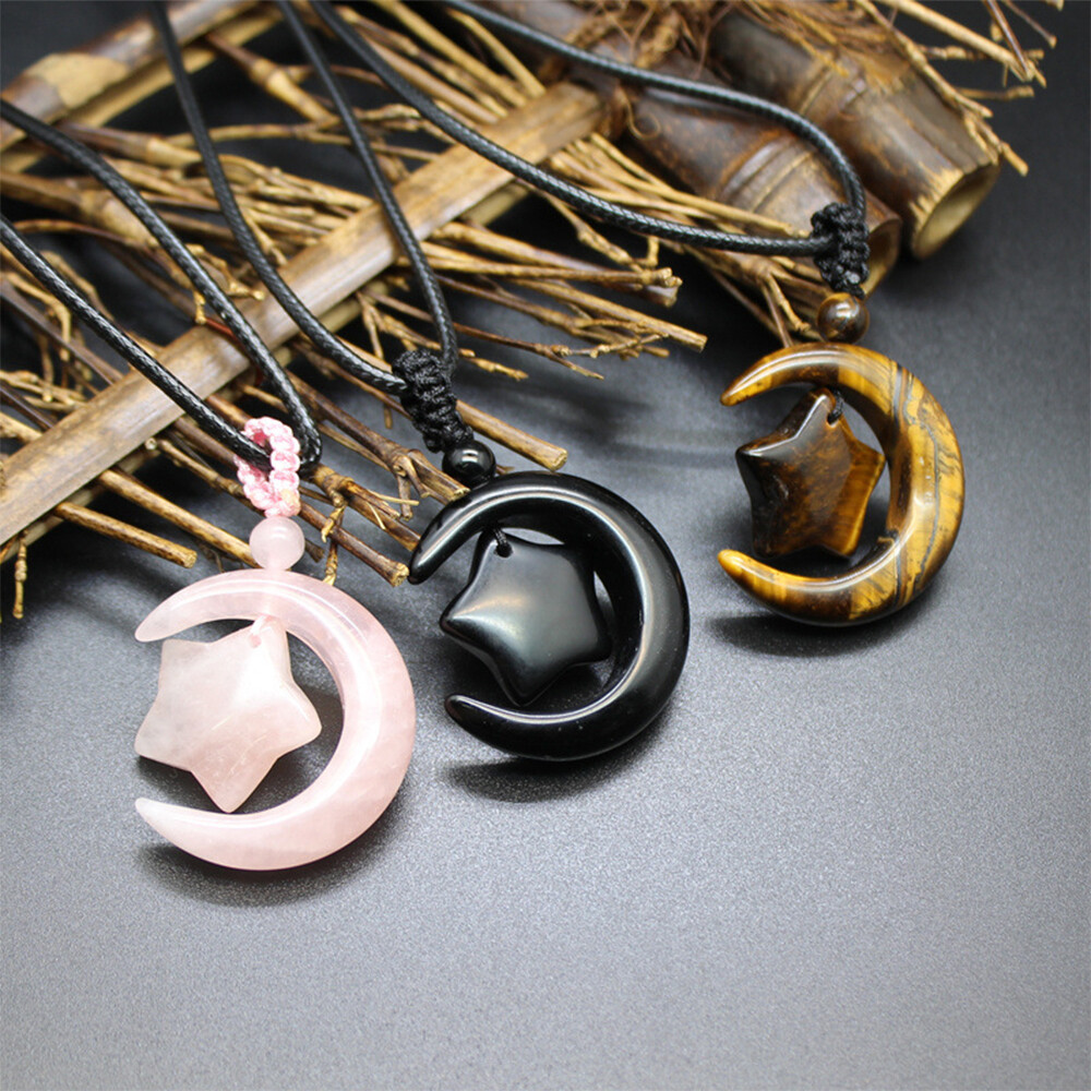 Star Moons Necklace Beads Crystal Gemstone Crescent Pendant Healing Reiki Gift