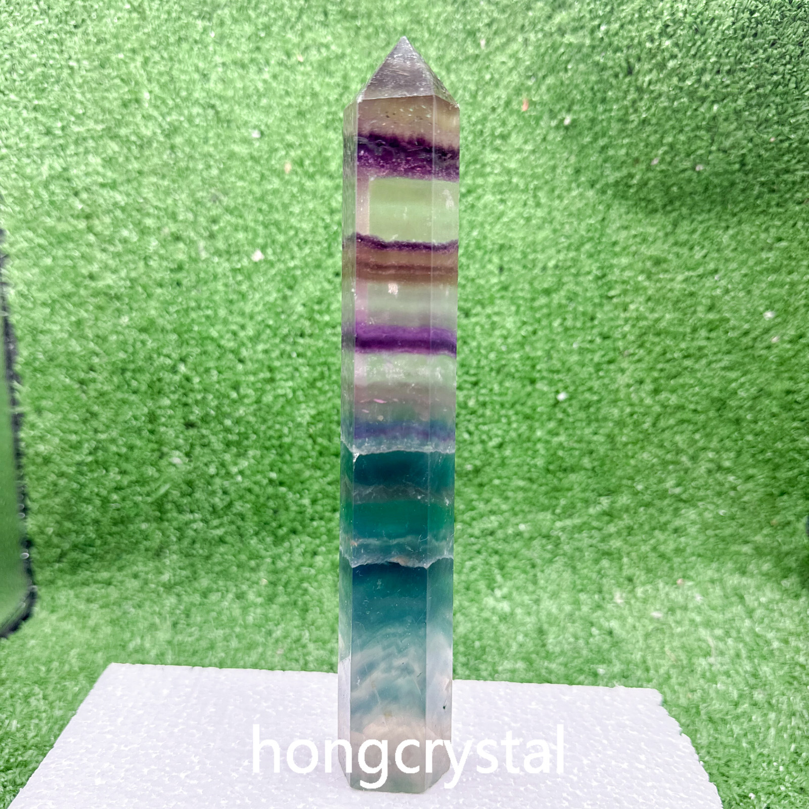 396g NaturalRainbow Fluorite Quartz Crystal Obelisk Wand Tower Point Healing
