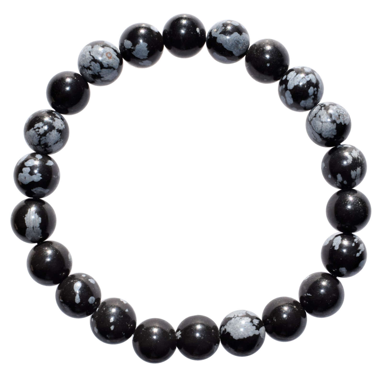 CHARGED Snowflake Obsidian Crystal 8mm Stretchy Bracelet + Selenite Puffy Heart