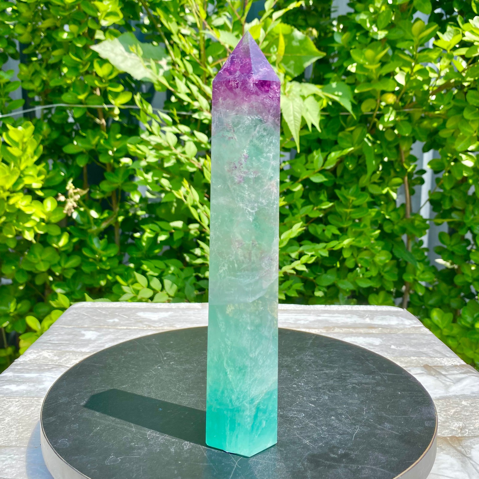 1.38LB Natural Rainbow Fluorite Obelisk Quartz Crystal Wand Tower Point Heal