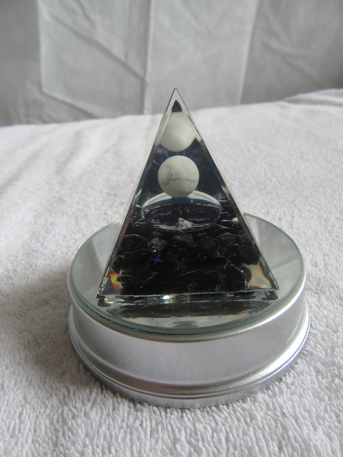 Orgone Pyramid (2) white w/color & 1 B&W yin/yang Dragon 1 color lighted base.