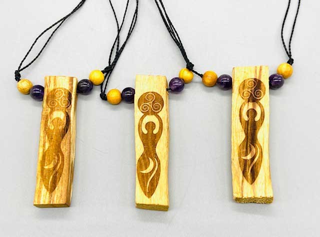 Set of 3 Goddess Palo Santo Holy Wood Pendants on Amethyst Beaded Cord Necklace