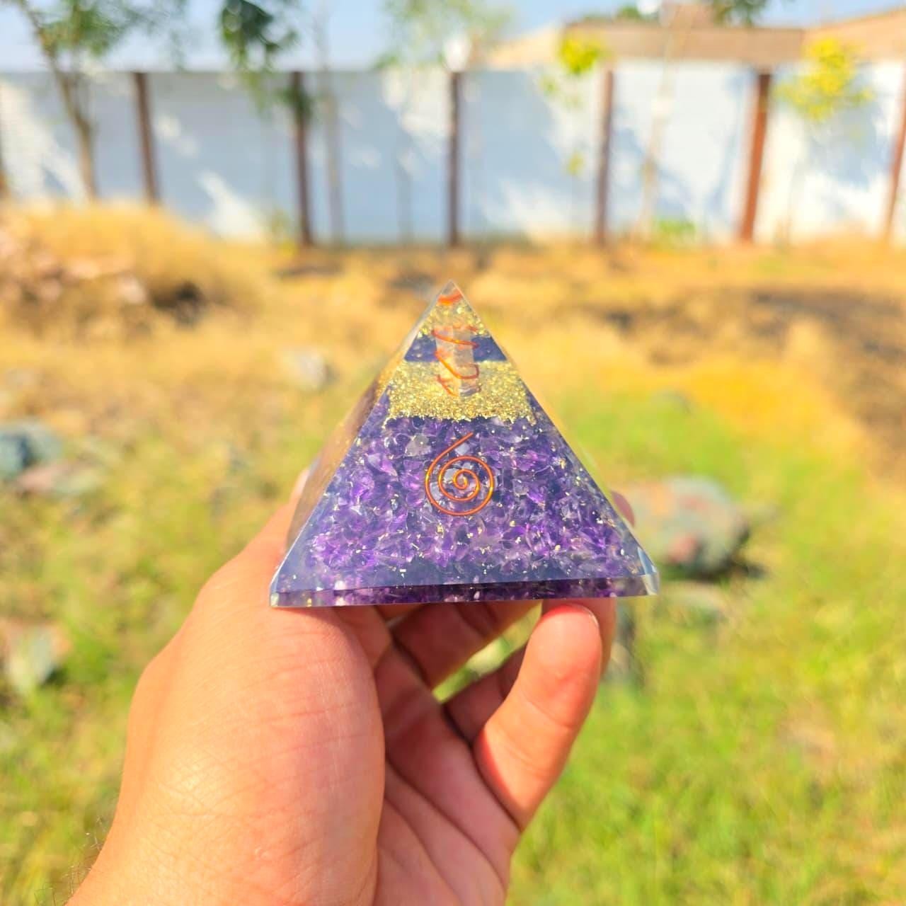 Large Amethyst Orgonite Pyramid EMF Protection Chakra Healing Energy Generator