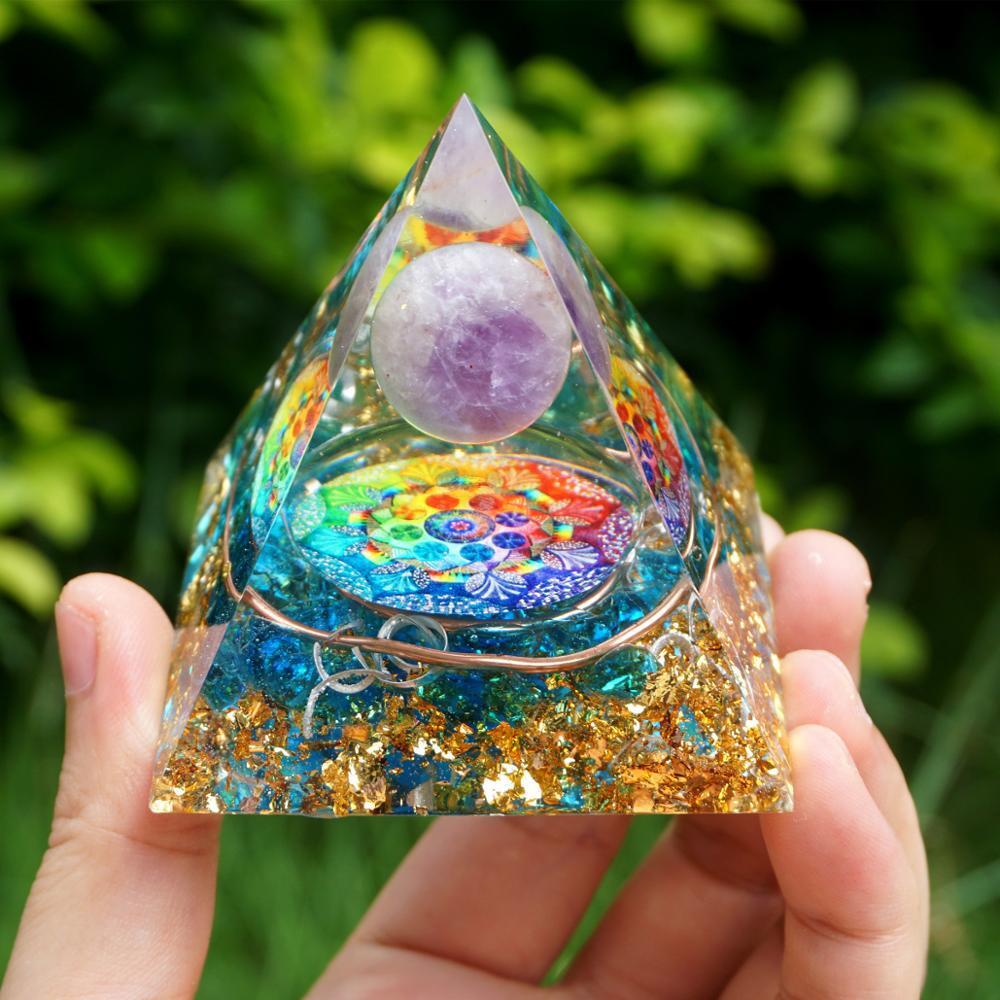 3PC Amethyst Crystal Sphere Orgonite Pyramid Obsidian Chakra Energy Orgone Stone