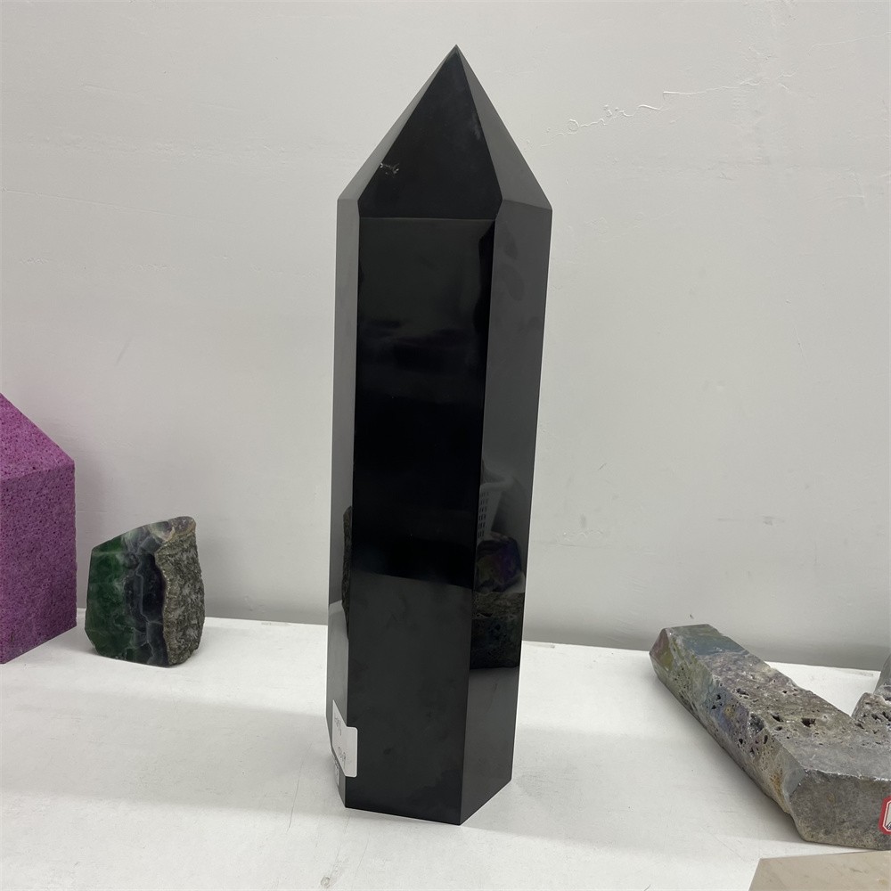 Customizable17.7LB Large Black Obsidian Obelisk Crystal Quartz Tower Point