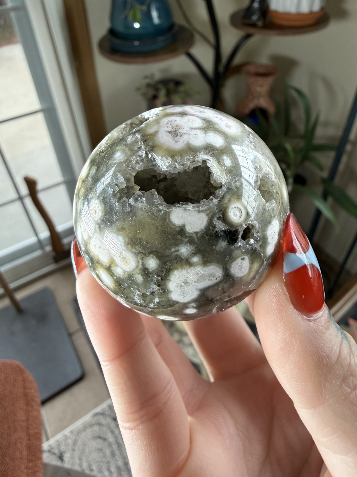 8th Vein Ocean Jasper Sphere – Druzy Caves – Green & White Orbs – 4.34 oz