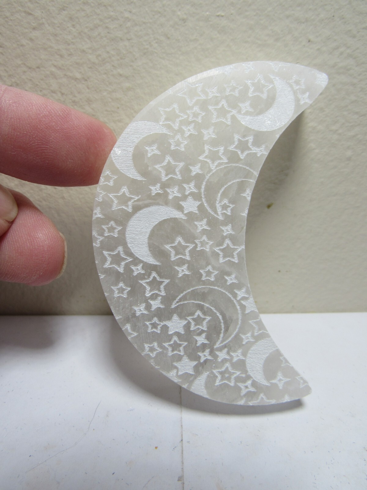 Selenite Crescent Moon Engraved With Stars & Moons Charging Plate Cleansing 3.25