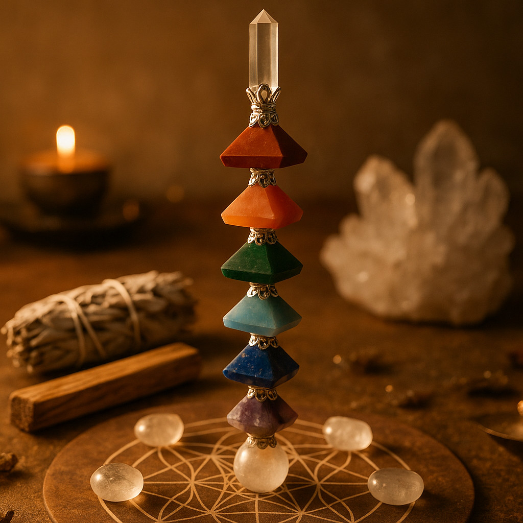 7 Chakra Pyramid Hanging Suncatcher, Crystal Wand, Meditation Yoga Decor