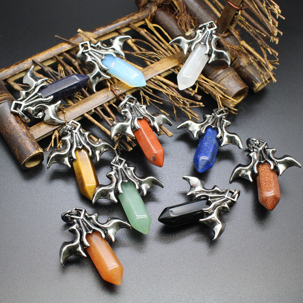 Natural Crystal Hexagon Quartz Stone Bat Wing Pendant Point Column Reiki Healing