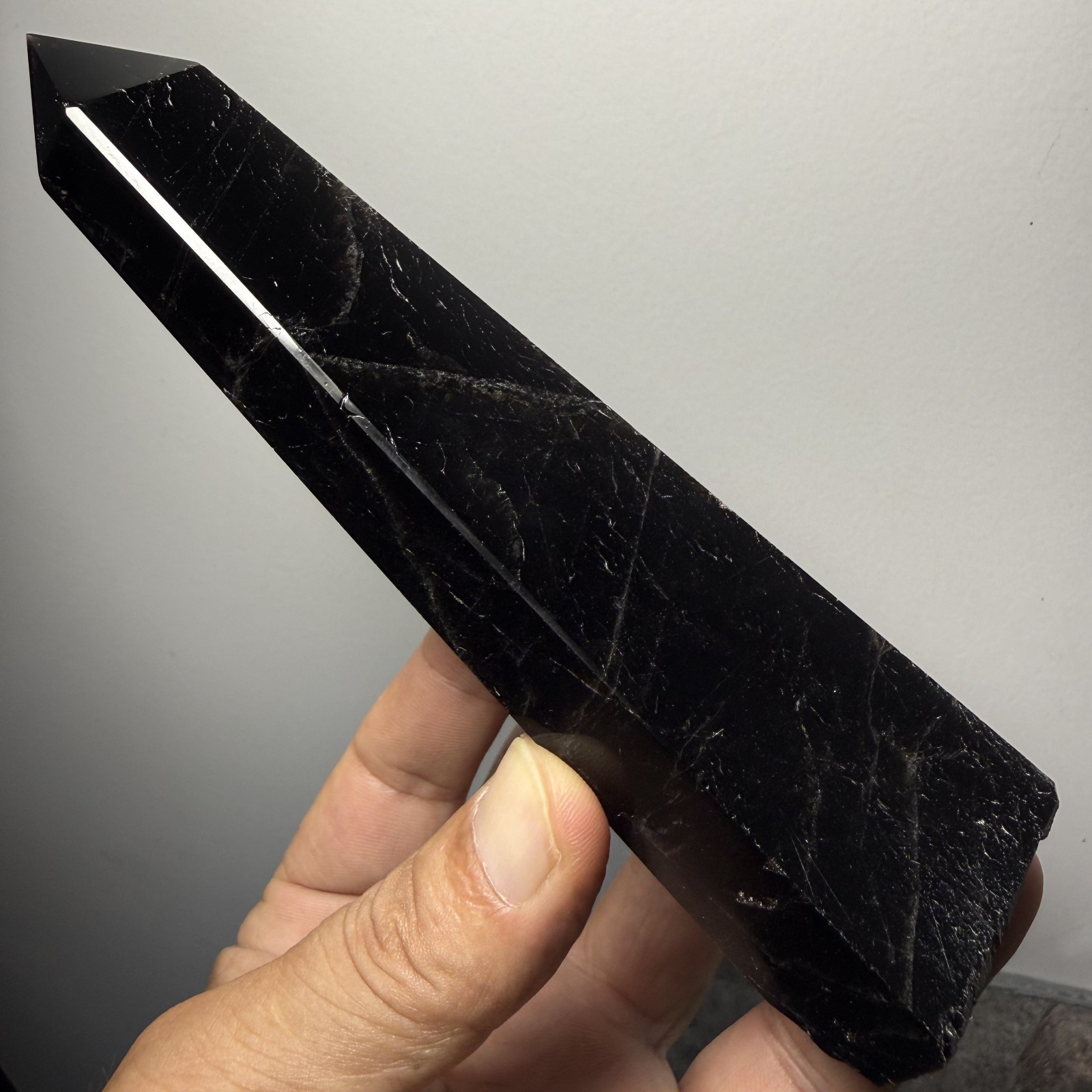 350g Natural Black Crystal Obelisk wand point Energy Reiki Healing L62