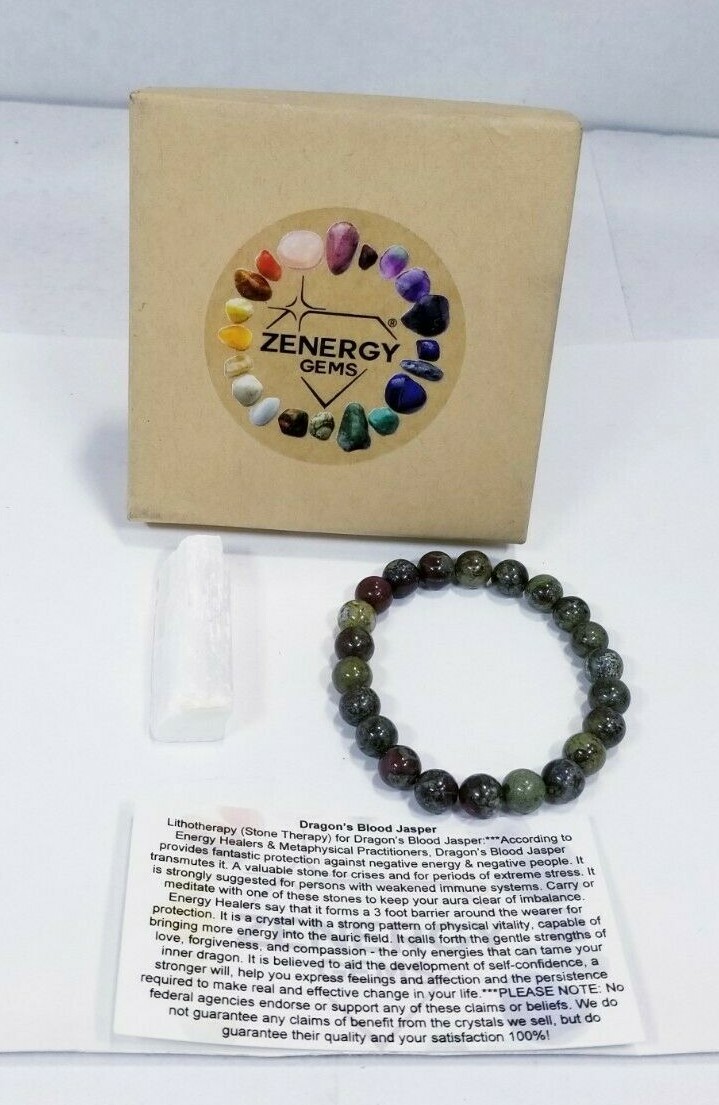ZENERGY GEMS – DRAGON’S BLOOD JASPER 7.5″ BRACELET + SELENITE CRYSTAL