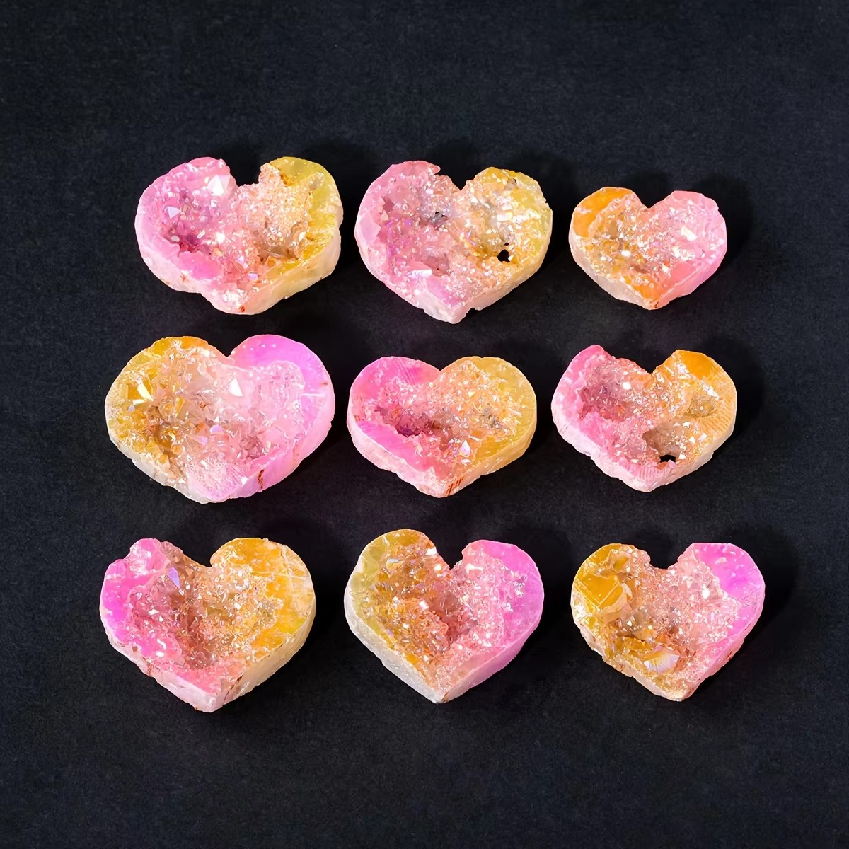 Titanium Aura Yellow Pink Cluster Heart Crystal Geode Healing Decor Reiki Gift