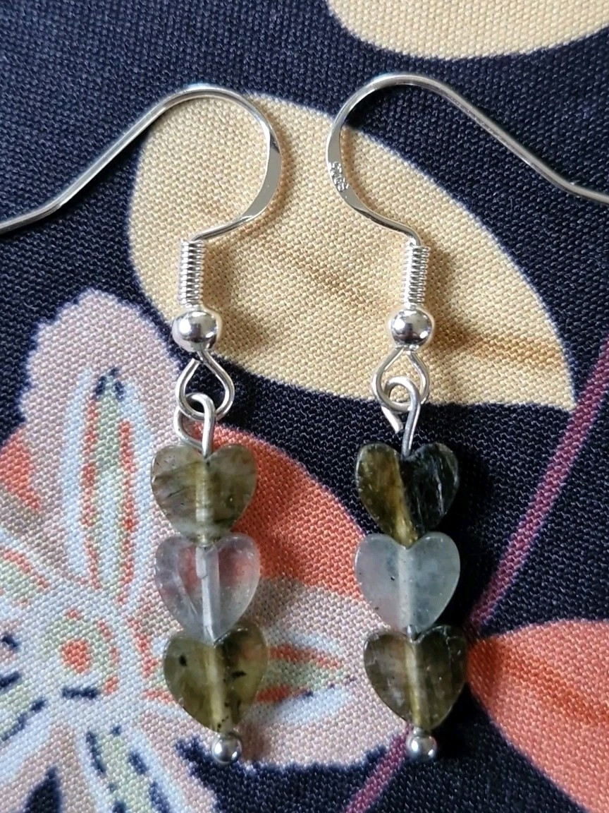 Handmade Labradorite Crystal Triple Dangle Heart Earrings 925 Silver Hook