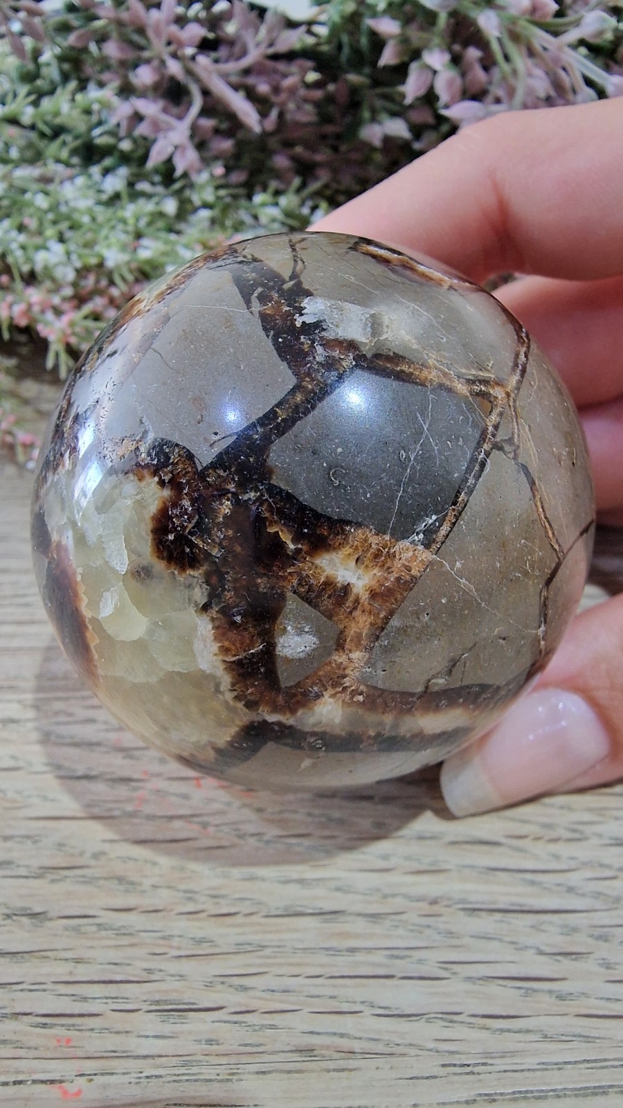 Septarian Dragon Crystal Sphere With UV Reaction 60mm 313g Free Stand