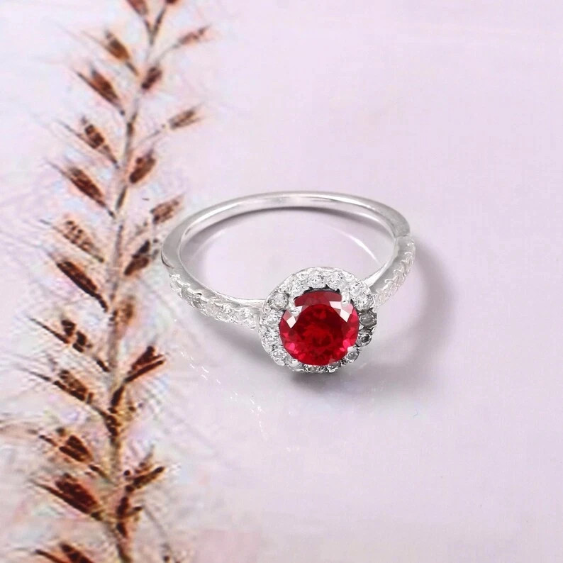 6×6 MM Round Red Ruby Ring With Zircon Accents In 925 Sterling Silver All Sizes